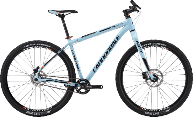 Photo of a blue Cannondale mountain bike side on