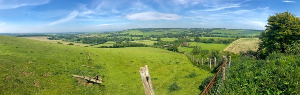Panoramic photo of a hilly view with green grass, trees, a path, and a fence. A blue sky with white wispy clouds borders the top of the photo