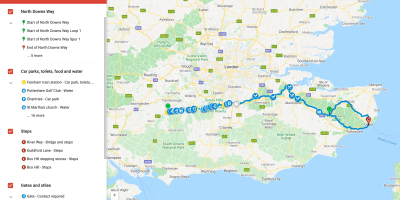 Screenshot of a map of the North Downs Way with a icons highlighting food, water, or toilets