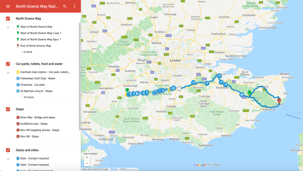 Screenshot of a map of the North Downs Way with a icons highlighting food, water, or toilets