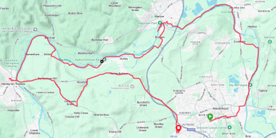 Terrain route map from Maidenhead to Henley-Thames and back to Maidenhead in a circular route