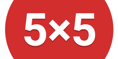 Red circular icon with 5 x 5 in white text in the centre