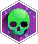 Green skull icon on a purple hexagon background